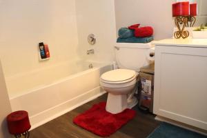 a bathroom with a white toilet and a bath tub at The Monthly stay Apartment for 8, pool and grill in Greensboro
