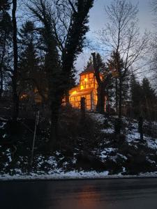 a house sitting on top of a snow covered hill at FeWo Landleben in Ferch in Schwielowsee