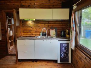 a kitchen with a sink and a stove and a microwave at Domek "Sen 100 Jezior" in Chrzypsko Wielkie
