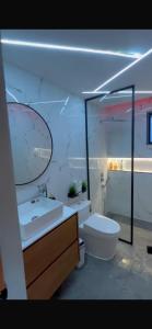 a bathroom with a toilet and a sink and a mirror at D Gomez House in Santiago de los Caballeros