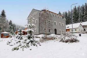 a large building in the snow with a tree at Apartmán Jizerské údolí in Kořenov
