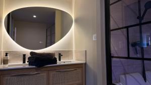 a bathroom with a sink and a mirror at COCON Mayennais - Loft Balnéo Laval in Laval +20 photos