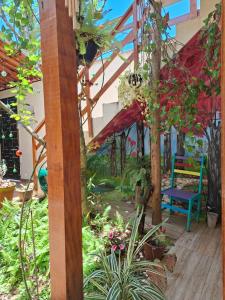 a garden with a blue chair and plants at Suítes da Rô - hospedaria familiar diária e temporada in Varginha