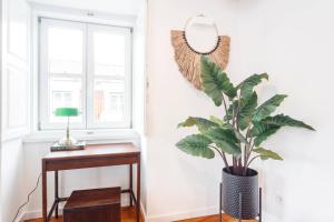 a plant in a vase next to a table with a mirror at Boutique duplex in Chiado with epic Rossio view in Lisbon