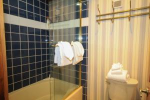 a bathroom with a shower and a toilet and towels at Mountainback 116 LoftCorner in Mammoth Lakes +13 photos