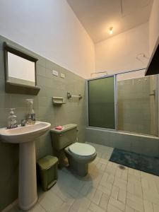 a bathroom with a toilet and a sink and a shower at Casa Tierra Libre in Cali +28 photos