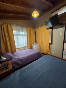 a bedroom with a purple bed and a television at Hostal Asuncion in Arica