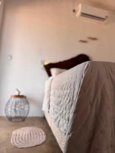 a bedroom with a bed and a lamp on the floor at Chalé Mansões do Rio in Casa Nova