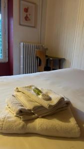 a pile of towels sitting on top of a bed at Hotel - Bar - LES PASSIONS in Buis-les-Baronnies