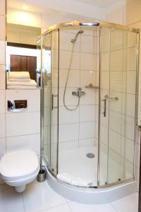 a bathroom with a shower and a toilet at Hotel Alexandra in Pobiedziska +31 photos