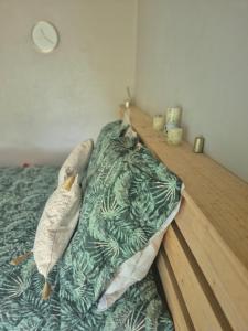 a bed with a green blanket and pillows on it at Studio Hamaca112 à Marie-Galante in Folle Anse +12 photos