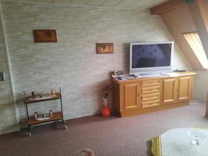 a living room with a television on a wall at Ferienwohnung Brockenblick in Halberstadt +14 photos