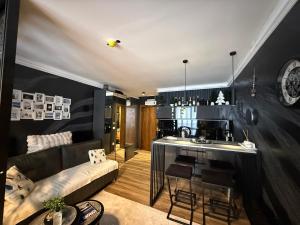 a living room with a couch and a kitchen at Black Elegant & Spa Kop in Kopaonik