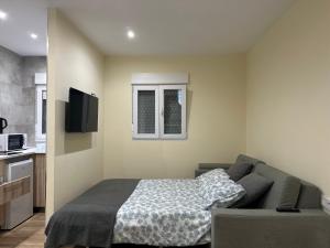 a bedroom with a bed and a couch and a window at ARBE Apartamentos in Bilbao