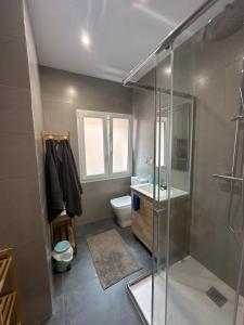 a bathroom with a shower and a toilet and a sink at ARBE Apartamentos in Bilbao +14 photos