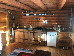 a kitchen in a log cabin with a refrigerator at Ala-Kure metsamaja in Varbuse