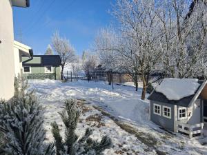 a yard covered in snow with a small house at Mojone Izby in Maruszyna