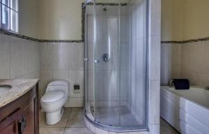 a bathroom with a shower and a toilet and a sink at EBENEZER Cottage in Discovery Bay