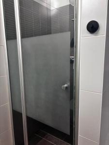 a shower with a glass door in a bathroom at Stylish Loft with Industrial Charm in Kortenberg +33 photos