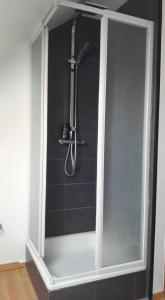 a shower with a glass door in a bathroom at At the Villa in Tournai