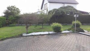 a garden with trees and a brick driveway at At the Villa in Tournai
