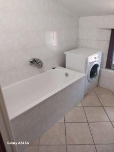 a white bath tub with a washing machine in a bathroom at La corte dei celti 9 in Quinzano
