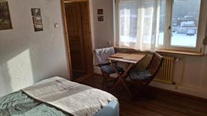 a bedroom with a table and a bed and a window at Ferienhof Ziegler - Studio Fingerhut in Baiersbronn