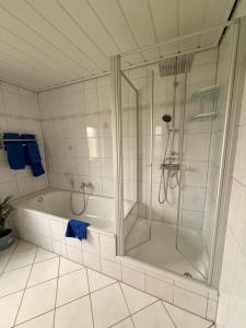 a bathroom with a shower and a tub at Ferienwohnung in Klein Düngen in Bad Salzdetfurth +18 photos