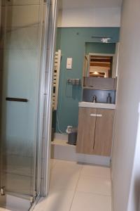 a small bathroom with a sink and a shower at L'Autan sage in Montgeard +12 photos