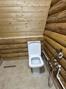 a bathroom with a toilet in a wooden wall at VIP-comfort BORJOMI in Borjomi