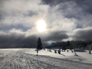 a snow covered field with the sun in the sky at Chata Hella in Pernink