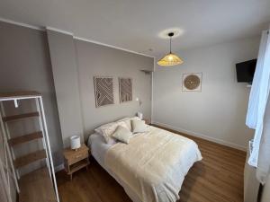 a bedroom with a bed and a pendant light at Les meublés de l Etoile in Eu
