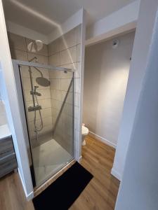 a walk in shower in a bathroom with a toilet at Les meublés de l Etoile in Eu