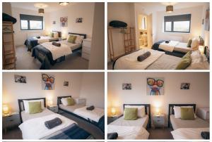 four pictures of a hotel room with three beds at Anglesey sleeps 10 with hot tub in Llanfaelog