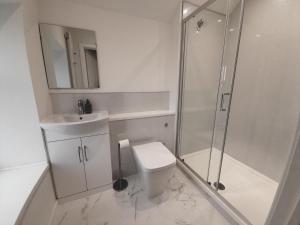 a white bathroom with a toilet and a shower at Adderley House B&B in Pitlochry
