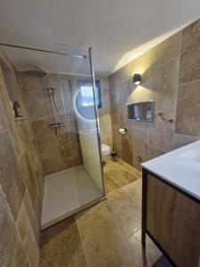 a bathroom with a glass shower and a toilet at Le cottage Bleu du Sud in Saint-Étienne-les-Orgues +25 photos