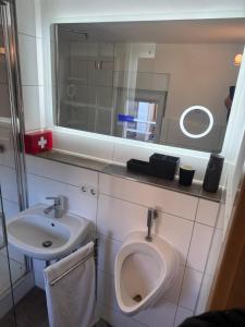 a bathroom with a sink and a toilet and a mirror at Blaureisen Gasthaus in Zschepplin +28 photos