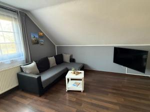 a living room with a couch and a flat screen tv at Strandgut- die Kleine in Dranske