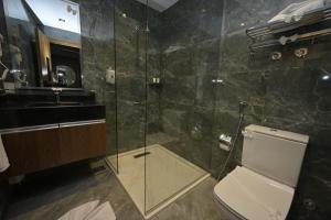 a bathroom with a shower and a toilet and a sink at Delta Pyramids Hotel in Giza +141 photos