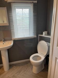 a bathroom with a toilet and a sink and a window at West Cumbria static caravan in Workington +44 photos