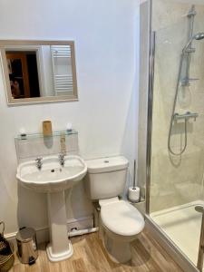 a bathroom with a toilet and a sink and a shower at The Stables in Metheringham