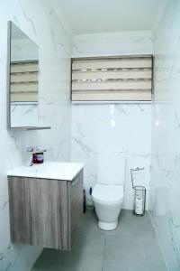 a white bathroom with a toilet and a mirror at Petite's Nest - Apartment 5 in Accra +2 photos