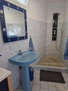 a bathroom with a blue sink and a shower at La maison du Pêcheur in Terre-de-Haut