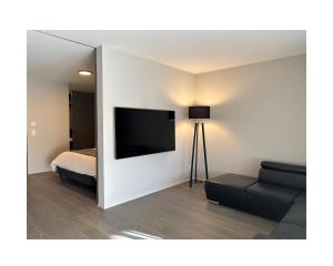a room with a bed and a tv and a couch at Zuhause am Bodensee in Bottighofen