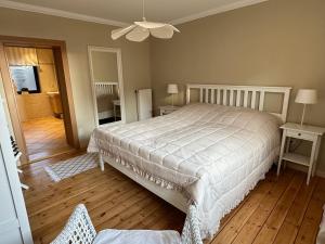 a bedroom with a bed and a ceiling fan at Ferienhaus Elbblick in Tangermünde