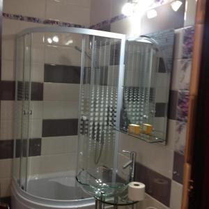 a bathroom with a shower and a tub and a mirror at KM 0 one RESIDENCE in Piatra Neamţ
