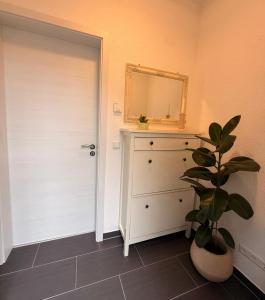 a room with a dresser and a mirror and a plant at Gemütliches Apartment in Kehl am Rhein