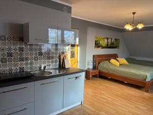 a kitchen with a sink and a bed in a room at Dom pod Jaworem in Rajcza
