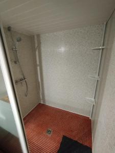 a shower in a bathroom with a red tile floor at Face à la mer in Châtelaillon-Plage +28 photos