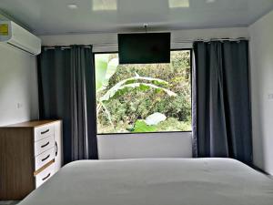 a bedroom with a bed and a large window at The Chicken House in El Castillo de La Fortuna